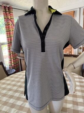 Women's Black & White Striped Polo Top